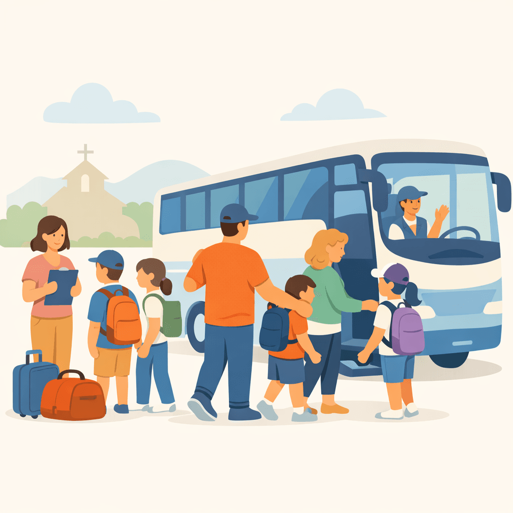 Grupo escolar ou comunitário em excursão.